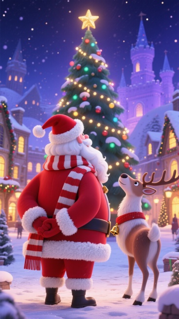 3D动画电影海报风格，奇幻圣诞主题，电影级渲染，细腻毛发质感，细腻光影，光影层次丰富，圣诞奇幻氛围，冷暖色彩对比强烈，梦幻质感。主体是圣诞老人，身穿红色圣诞服，白色蓬松的头发，丰硕的体型，佩戴红白条纹预览效果