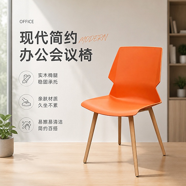 [单张主图] 橙色会议椅，高级氛围感主图，展示产品在简约办公空间的质感，兼顾点击和转化。
[画面主体] 会议椅保持原有外观、物理结构、材质质感、颜色和输入产品图一致，橙色靠背坐垫、浅原木色实木椅腿，杜绝任何变形色差。椅子放置在画面中偏右下区域，主体占比约45%，完整展示产品轮廓不裁切。
[构图版式] 采用左文右物场景型版式，左侧保留大面积留白放置文字内容，产品放置右侧放大展示，底部用浅橡木办公台面承托。
[场景元素] 背景为现代简约办公空间，浅灰色墙面搭配落地窗，左侧有一盆小型桌面绿植，窗外自然透入柔和光线，整体空间干净明亮。产品放置在浅橡木办公桌面上，台面干净简洁，无多余杂物遮挡。
[文案版式] 左侧留白区域左对齐排列文字，最上方小字英文 "OFFICE"，接着是大号中文主标题"现代简约 办公会议椅"，然后依次排列3组短卖点：实木椅腿 稳固承托、亲肤材质 久坐不累、易擦易清洁 简约百搭。3组卖点搭配浅细线框线稿图标，文字不遮挡产品主体。主标题旁叠加一个英文手写体 "MODERN" 做装饰。
[光影质感] 左侧落地窗为主要光源，斜射自然柔光，产品轮廓形成柔和投影，台面浅反光，背景做浅景深虚化处理，突出主体产品，商业摄影质感，光线柔和通透，产品清晰真实，画面干净高级。
[配色字体] 主色调为浅灰、浅木色，强调色为椅子本身的橙色，配色低饱和舒适。字体采用轻无衬线，字重克制，主标题字号最大，卖点文字缩小，字重较轻，留白充足分层清晰。
[比例分辨率] 1:1比例，2048*2048像素，2K分辨率，文字清晰可辨，超高清画质。
[负向提示词] 变形，文字错乱，产品图模糊，背景杂乱，水印，电商平台Logo，错字，主体遮挡，错误结构