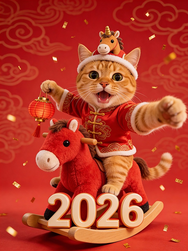 图中宠物穿上红色唐装服饰，带着迷你小马帽子，骑着毛绒红色摇摇马，手里还提着小巧的红灯笼，红色祥云暗纹背景；2026立体字在摇摇马前面，空中飘着细碎的金色彩带，整体跨年喜庆氛围，宠物和摇摇马的比例合理;丰富的细节