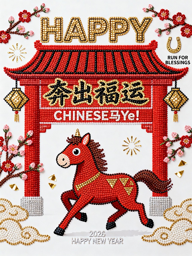 画面上半部分充满了极具视觉冲击力的字体设计，占据画面一半 的比例。最上方是带有粗犷的金色外描边圆润英文单词 “HAPPY”，紧挨着下方是笔画洒脱且充满活力的核心汉字标题 “奔出福运”，标题正下方是一行醒目的slogan “CHINESE 马Ye!”，整体文字排版紧凑，营造出热闹的节日氛围。画面右上角还有一个金色的马蹄铁符号以及极小的英文 “RUN FOR BLESSINGS”。画面下半部分的主体是一匹通体枣红的卡通骏马，马身昂扬挺立，四蹄呈奔跑姿态，占据了画面的底部，马身表面绘有金黄色的 “△” 形纹理代表鬃毛与斑纹。马头位于左侧，双眼圆睁，表情灵动，头顶竖着一对俏皮的耳朵。背景是一座扁平化风格的中式牌坊建筑，屋顶是耀眼的大红色，上面画着黑色的横线表示瓦片，屋檐下左右两侧各悬挂着一盏金色的菱形灯笼。画面左右两侧装饰着朱红色的梅花枝，枝头绽放着粉嫩的花苞。空中散落着几片简单的金色祥云。底部正中央写有微小的白色文字：“2026 HAPPY NEW YEAR”。白色背景