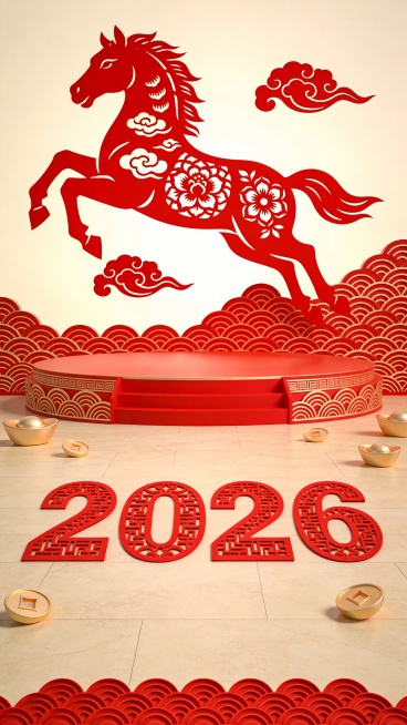 一个宏伟的马年主题电商展台，整体采用精致的红色剪纸艺术风格。展台后面是一匹巨大的、由红色剪纸构成的奔腾骏马，马身上有祥云和牡丹的镂空花纹。展台的背景和侧面装饰着层层叠叠的剪纸波浪和元宝图案，地面上有红预览效果