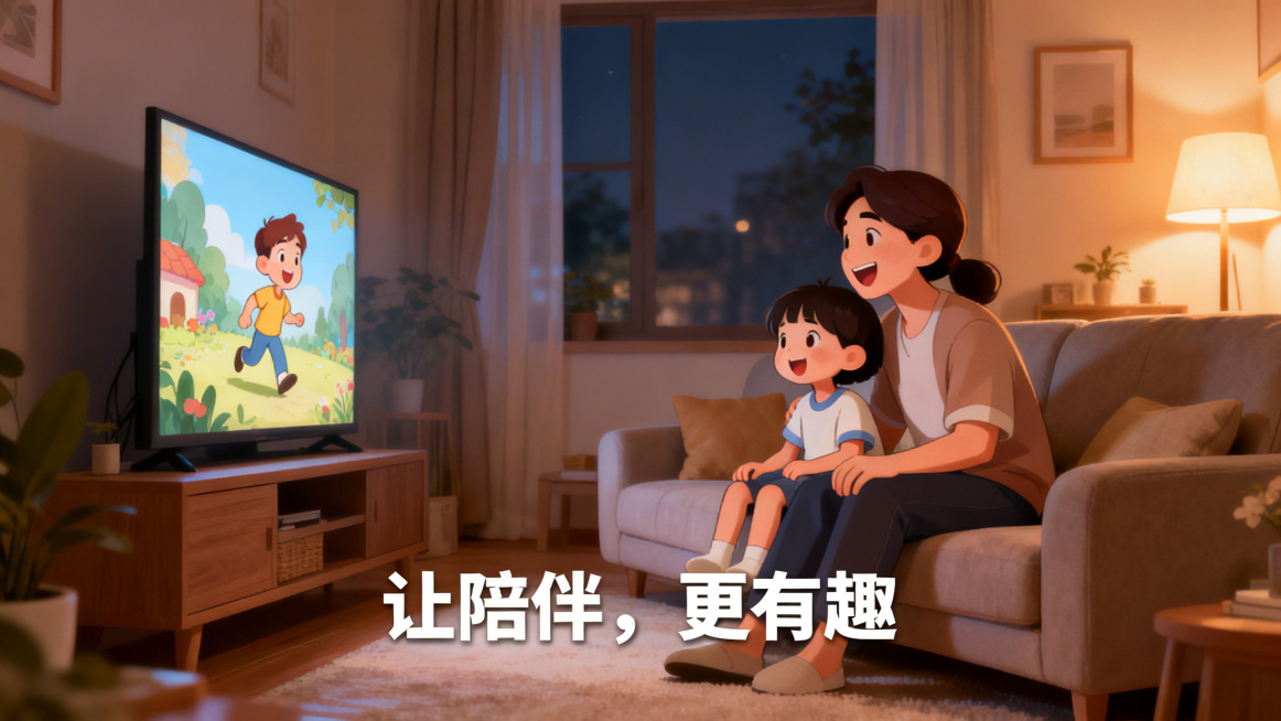 温馨治愈的亲子共看动画场景，柔和暖光的客厅里，家长和孩子挨坐在一起，开心地看着前方的动画画面，氛围温暖有幸福感，画面底部配有清晰的文字“让陪伴，更有趣”，整体风格柔和温暖，充满生活感预览效果