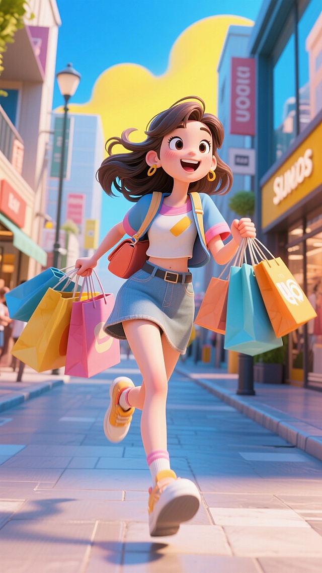 一位女生身着时尚服装，奔跑冲向镜头，动态感，手持各色购物袋，背景是时尚商业街，天空蓝色黄色渐变，动作夸张，青春有活力，透视感强