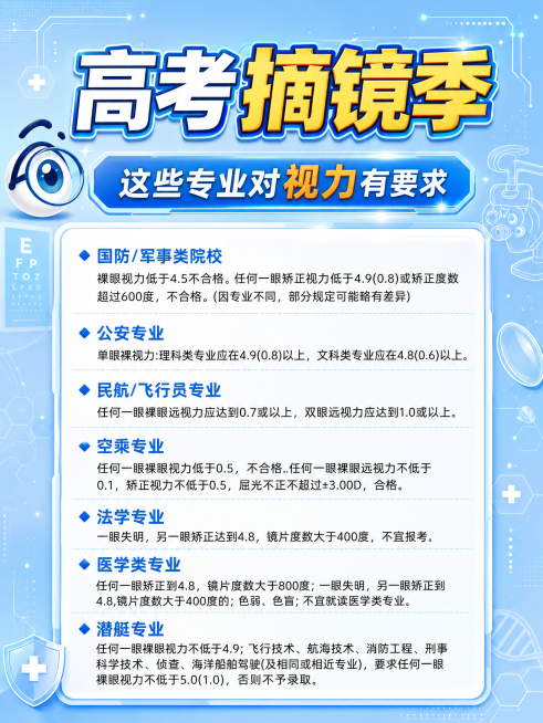 重新优化这张高考摘镜季科普海报，让设计更醒目活泼，增加一些科技感和医用元素，保留全部原有文字信息和排版，浅蓝色调风格预览效果