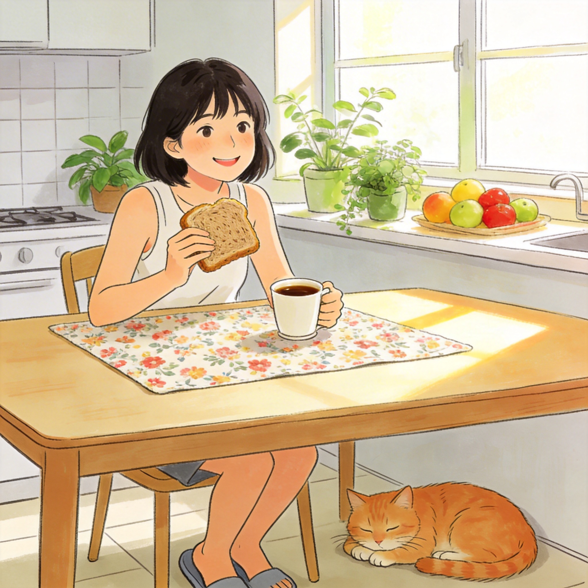 良好心态体重管理主题手绘插画，展示女生轻松乐观享受生活的场景，… - 图片创意预览