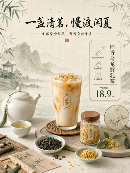 新中式淡墨手绘插画风格茶饮海报，水墨晕染质感，配色使用青瓷绿、米白、赭石棕，排版对称规整；顶部居中放置书法字体，主标题"一盏清茗，慢渡闲夏"，副标题"手萃原叶鲜茶，邂逅自然果香"；画面主体包含白瓷茶具预览效果