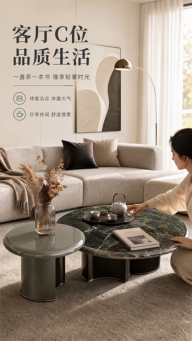 [商品] 使用【图1】DC-6630A大茶几与DC-6630B小茶几组合；保留大茶几纳秋绿奢石台面、烟熏木皮底座、镜面不锈钢包边；保留小茶几亮光漆面台面、C形不锈钢底座；保留大小茶几真实比例与错落摆放形态；台面上可放置真实茶具、花瓶、书籍等道具，不遮挡产品主体结构。
[画面] 目标：场景沉浸页，展示客厅真实使用场景与生活方式。构图：全景客厅场景，大小茶几组合位于画面中央偏下，占画面约45%；大茶几上摆放陶瓷茶具与一本艺术画册，小茶几上摆放玻璃花瓶与干花；背景为浅灰色布艺沙发、金属落地灯、大幅抽象装饰画与白色纱帘落地窗；一位优雅女性（侧身，仅显示上半身与手部）正伸手拿起茶杯，动作自然轻柔；午后暖光从窗外洒入，营造温馨高级的居家氛围。
[视觉] 套系策略：风格=意式轻奢高级商业摄影；标题字=现代极简粗衬线体；正文字=简洁无衬线体；主色=暖米白；背景延展=基于暖米白做深浅层级、同色渐变与细腻布艺/墙面质感；强调色=深祖母绿，仅用于小面积图标、引线、标签点缀；标题色=深炭灰；正文色=中暖灰；组件=细线信息卡、金属质感引线；光影=右侧落地窗暖自然光+室内环境补光，光影柔和有层次，金属与奢石表面有自然高光。
[文字] 左上区域文案：主标题「客厅C位 品质生活」（8字）；副标题「一盏茶一本书 慢享轻奢时光」（14字）；2个卖点——「待客洽谈 体面大气」「日常休闲 舒适惬意」；文字不遮挡人物与茶几主体；全部横向排版。
[规格] 淘宝/天猫详情页，单屏比例9:16竖版，4K分辨率，负向提示：避免变形、错字、文字过小、人物面部模糊变形、产品结构改变、冷色调过重。