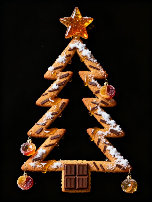 用蜂蜜粘合的姜饼圣诞树框架，糖霜作雪，巧克力片当树皮。挂件是冻干水果裹糖衣，树顶星星是琥珀糖，背景纯黑色，比例3:4预览效果