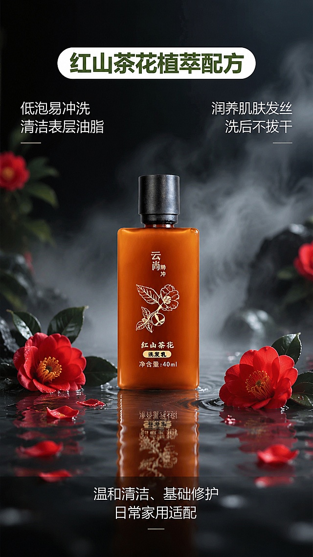 [第3屏] 洗发乳单品卖点展示板块，突出红山茶植萃温和清洁功效。本屏使用【图3】作为商品主体。
[氛围/风格] 暗调高级国风，水润氛围感，自然轻奢质感，柔和光影。
[元素布局] 洗发乳产品居中放置，占比约50%；前景水面带红色花瓣，左右点缀盛开红山茶花，背景朦胧水雾效果；保留产品瓶身设计、颜色、文字信息与原图完全一致。
[光影质感] 正面柔光照明，水面倒影清晰，瓶身光泽自然，背景虚化突出主体，明暗对比柔和。
[配色色系] 黑灰色渐变背景，琥珀棕瓶身，正红花卉，绿色文字主标题，白色卖点文字。
[视角构图] 正面平视居中构图，主体突出，背景虚化，层次分明。
[文字版式] 顶部圆角框主标题"红山茶花植萃配方"绿色字体加粗，左侧卖点："低泡易冲洗 清洁表层油脂"，右侧卖点："润养肌肤发丝 洗后不拔干"，底部补充"温和清洁、基础修护 日常家用适配"，字体简约宋体国风，重点卖点加粗，排版分区清晰不遮挡产品。
[比例分辨率] 9:16竖版比例，4K分辨率，文字清晰可辨，高清画质。
[负向提示词] 产品变形，包装文字错乱，颜色偏差，模糊，文字过小，背景杂乱