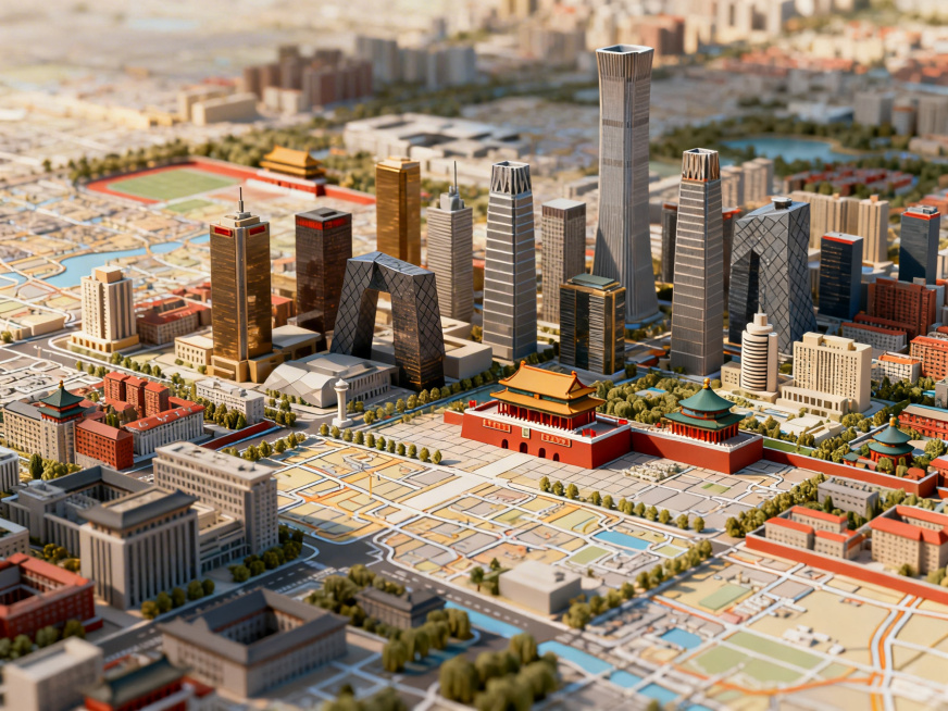 一张立体的北京地图，呈现出城市建筑的高低错落，细节丰富，具有真实的光影效果，整体风格写实精致预览效果