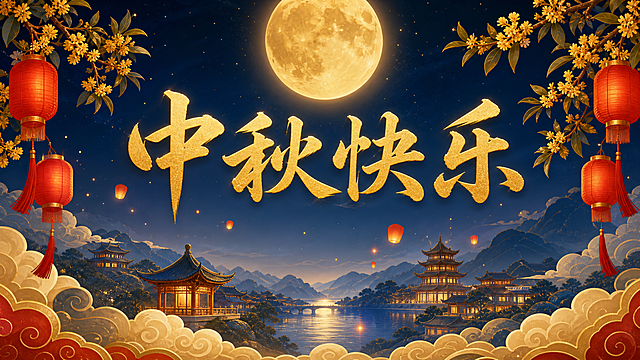 横构图中秋节主题图片，主题文字“中秋快乐”，庄重大气的中式国风官方节日风格。画面采用宽幅横向构图：一轮金色圆月位于画面上方偏中央，月光柔和洒落；下方是绵延的远山、传统中式建筑（亭台楼阁）与层叠祥云剪影，两侧垂挂红色灯笼和桂花枝，点缀金色光点与飘浮的孔明灯，营造团圆喜庆氛围。标题“中秋快乐”采用端正的书法体金色大字，置于画面上方偏中央位置，清晰醒目、庄重得体。整体色调为深蓝夜空、金色月光、中国红点缀，构图均衡大气、留白得当，质感细腻，适合公职人员官方公众号使用，画面中除“中秋快乐”外无其他文字。