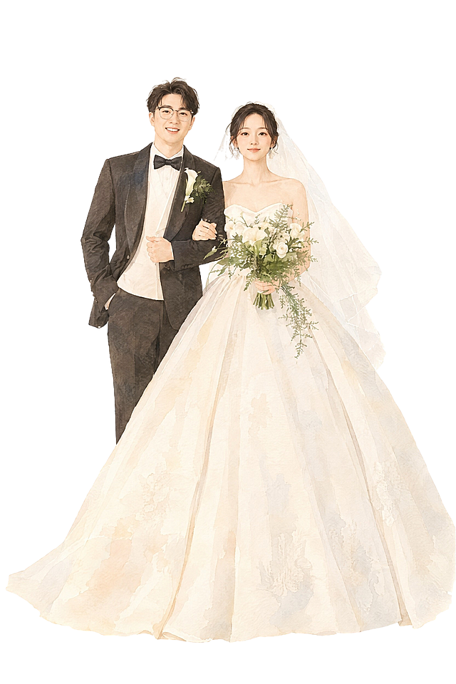 将这张婚纱照重绘为第一张参考图的手绘插画风格：温柔的水彩质感、扁平插画画风、柔和的米色调、线条细腻，人物面部特征保留，新娘白色抹胸蓬裙婚纱、头纱，新郎黑色西装领结，手持白色花束，整体画面温馨浪漫，纯白背景