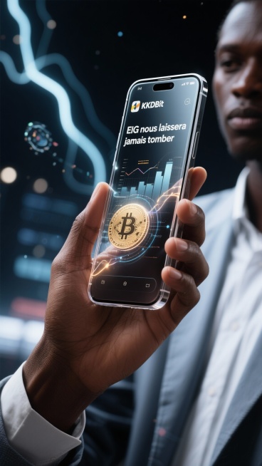 Congolese professional holding a futuristic transparent smartphone displaying the KKDBit app. Floati预览效果