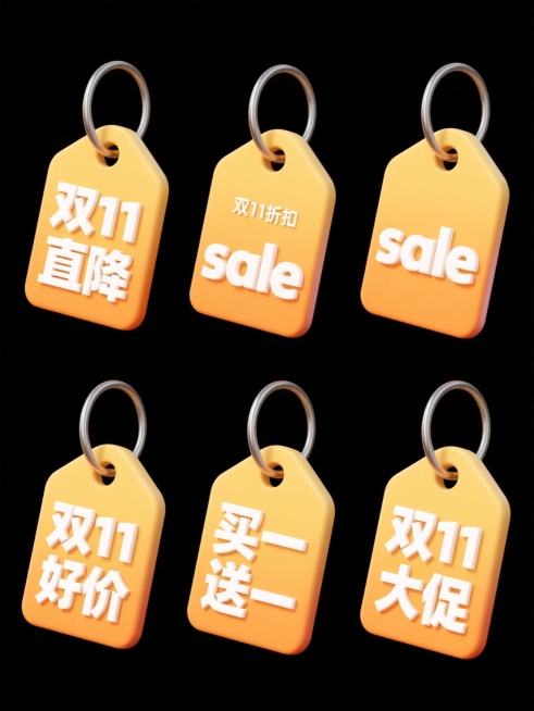 六个规整排布的3D立体促销标签，每个标签均为单一纯色背景，标签形状为带金属圆环的经典吊牌样式，具有光滑的塑料质感和轻微的光影渐变效果，标签上分别印有白色立体文字“双11直降”、“双11折扣”、“sale”、“双11好价”、“买一送一”、“双11大促”，整体呈现出简洁明快的促销氛围，每个标签独立清晰且排列整齐有序。预览效果