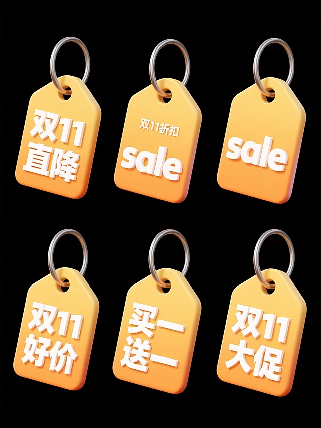 六个规整排布的3D立体促销标签，每个标签均为单一纯色背景，标签形状为带金属圆环的经典吊牌样式，具有光滑的塑料质感和轻微的光影渐变效果，标签上分别印有白色立体文字“双11直降”、“双11折扣”、“sale”、“双11好价”、“买一送一”、“双11大促”，整体呈现出简洁明快的促销氛围，每个标签独立清晰且排列整齐有序。