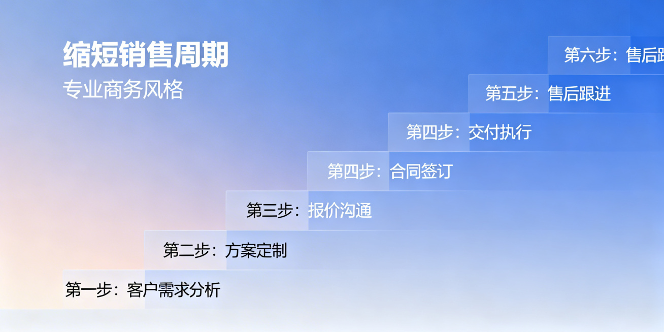 专业商务风格，渐变色背景，阶梯式图表，从下到上依次清晰展示缩短销售周期的六个步骤，每个步骤的文字标注清晰无重叠，所有文字清晰可辨认，排版干净整齐预览效果