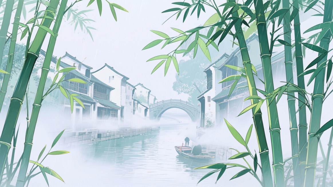 二次元古风，古城，江南烟雨，河边，迷雾，竹子，构图夸张，浅绿色，细节丰富，不要人物，生成2张，16:9预览效果