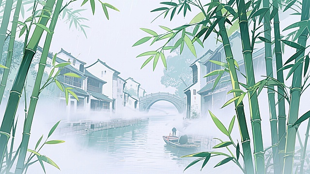 二次元古风，古城，江南烟雨，河边，迷雾，竹子，构图夸张，浅绿色，细节丰富，不要人物，生成2张，16:9