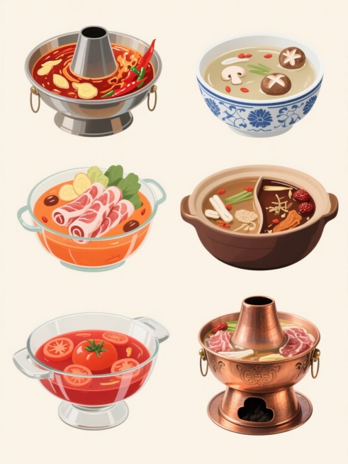 一张展示6个不同火锅造型的海报，浅色背景，上下两行各3个对齐排列。每个火锅都具有独特的配色、样式、材质和风格：第一个是沸腾的金属锅牛油火锅，红汤翻滚，飘着辣椒和姜片；第二个是青花瓷碗装的清汤菌菇火锅，汤色清亮，点缀着菌菇和枸杞；第三个是手绘插画风的寿喜烧火锅，卡通风格，橙红色汤底配肥牛卷；第四个是砂锅材质的药膳火锅，深棕色锅体，汤汁浓稠，有中药材和红枣；第五个是现代简约风的玻璃锅番茄火锅，透明……预览效果