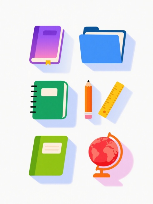 扁平风格教育元素插画，白色背景，六个不同配色、不同样式、不同材质的教育元素整齐排列，包括紫色渐变书本、绿色笔记本、蓝色文件夹、橙色铅笔、黄色尺子、红色地球仪，每个元素边缘有柔和阴影，整体色彩明快协调，线条简洁流畅，具有现代设计感。预览效果