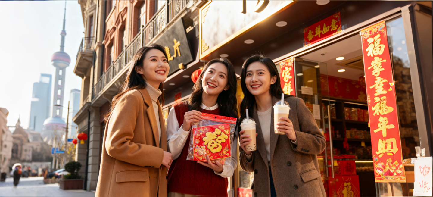 中景镜头，三个美丽的亚裔女生站在中国上海陆家嘴附近逛街，肤质真实，脸上带着微笑，其中一人拿着年货，一人拿着一杯奶茶，旁边商店贴着对联，氛围快乐温馨预览效果