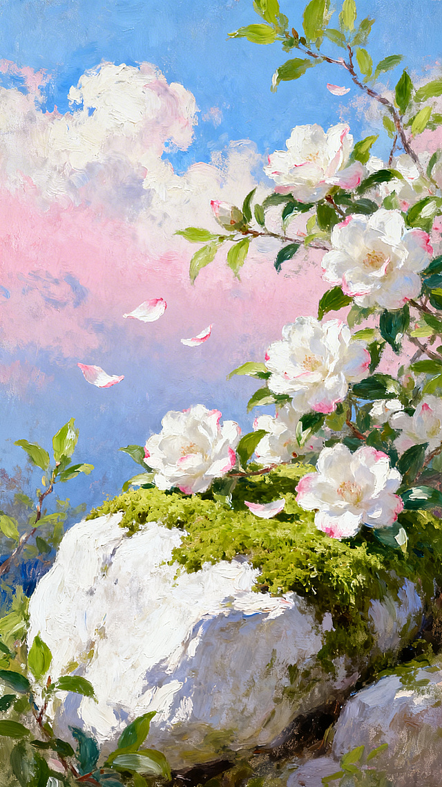 印象派风格描绘，柔和的笔触与丰富的色彩变化，天空呈现渐变的粉蓝色调，云朵以松散的笔触渲染出轻盈飘逸之感，前景是覆盖着翠绿苔藓的光滑白色岩石，岩石上及周围点缀着盛开的白色山茶花，花瓣边缘带有微妙的粉色晕染，几片花瓣正缓缓飘落，四周环绕着嫩绿的枝叶，整体画面充满浪漫诗意的春日氛围，光影柔和，色彩明快而富有层次感，营造出宁静而美好的自然景致