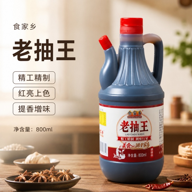 [单张主图] 商品名称：食家乡老抽王 用于直播间商品展示，高级氛围感主图，目标：展示产品、传递品质信任感，适配直播间商品陈列展示。
[画面主体] 一瓶食家乡老抽王产品，居中竖直站立，占画面50%左右。预览效果