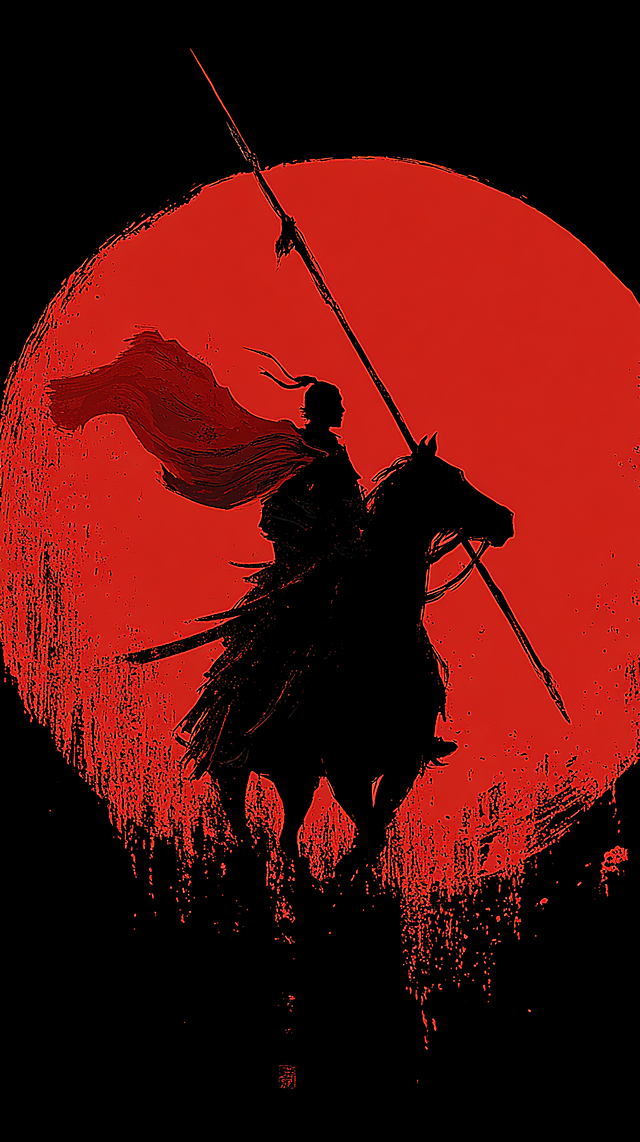 Minimalist Chinese style martial arts silhouette, Mulan riding a horse, standing sideways with a spear, pure black silhouette subject, neat armor, red tassel cloak hunting fluttering to the right, holding a spear with sharp aura, large cinnabar red full moon background (with ink mottled and noise texture), black and red color collision, splashed ink effect embellishes the picture, the horse is outlined with line drawing lines, black and white ink smudge under the horse's hooves, high contrast, cinematic feeling, minimalist composition, the upper part of the picture is clean black background + red moon, reserve space for mobile phone lock screen time text, the subject is located in the middle and lower area of the picture, no extra elements, 8K, mobile phone wallpaper size, strong ink brush texture --ar 9:16