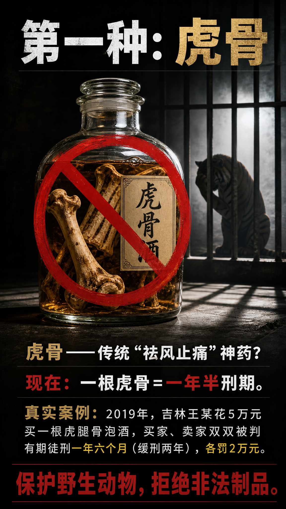禁毒公益宣传海报，标题"第一种：虎骨"，一个玻璃酒坛里泡着疑似… - 图片创意预览