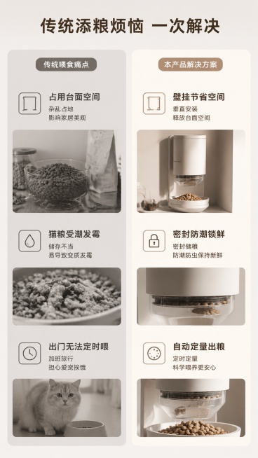 [第2屏] 痛点对比-传统喂食问题与产品优势展示。本屏使用【图1】作为商品主体。
[氛围/风格] 简洁直观，清晰对比，商业摄影质感。
[元素布局] 左右分栏对比，左栏展示传统喂食痛点：占用台面空间、猫预览效果