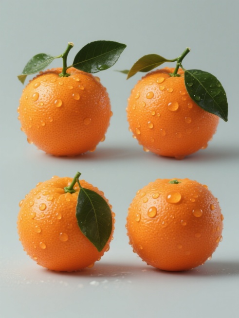一组四个规整排布的写实风格橘子素材，每个橘子造型样式各异，均为饱满的圆形橙色果实，表面带有细密的毛孔纹理，覆盖着晶莹剔透的水珠，水珠呈现出高光反射效果，顶部带有深绿色的叶子和绿色的果蒂，叶子有清晰的叶脉和自然的弯曲形态，整体光影立体感强，色彩鲜艳饱和，背景为纯色，无任何文字、logo和水印。预览效果