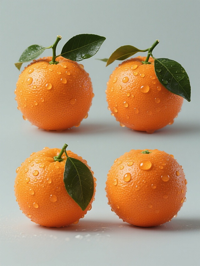 一组四个规整排布的写实风格橘子素材，每个橘子造型样式各异，均为饱满的圆形橙色果实，表面带有细密的毛孔纹理，覆盖着晶莹剔透的水珠，水珠呈现出高光反射效果，顶部带有深绿色的叶子和绿色的果蒂，叶子有清晰的叶脉和自然的弯曲形态，整体光影立体感强，色彩鲜艳饱和，背景为纯色，无任何文字、logo和水印。