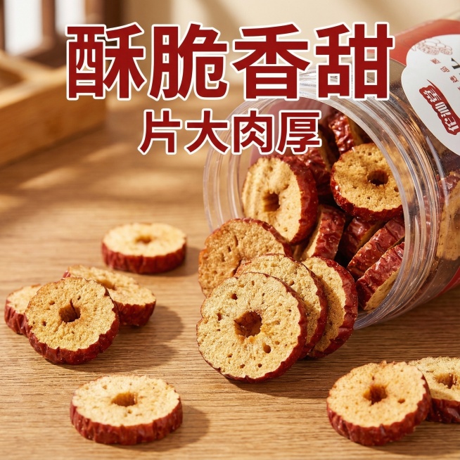 图一中这款产品是红枣片，我在拼多多卖这款产品，请帮我设计10张电商主图，这款产品的克重是100g
文案要求:红枣圈 酥脆香甜 片大肉厚 泡水煲汤 早香四溢 新鲜无核 干净无杂 免洗预览效果