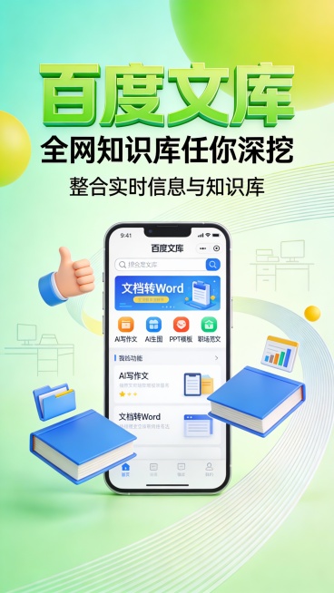 这是一张竖版手机应用推广广告图，采用清新活力的扁平化插画风格。主色调为薄荷绿与亮绿色渐变背景，搭配白色、黄色点缀，营造轻松高效的科技感。画面中心是一部智能手机，屏幕清晰展示“百度文库”App界面，包含预览效果
