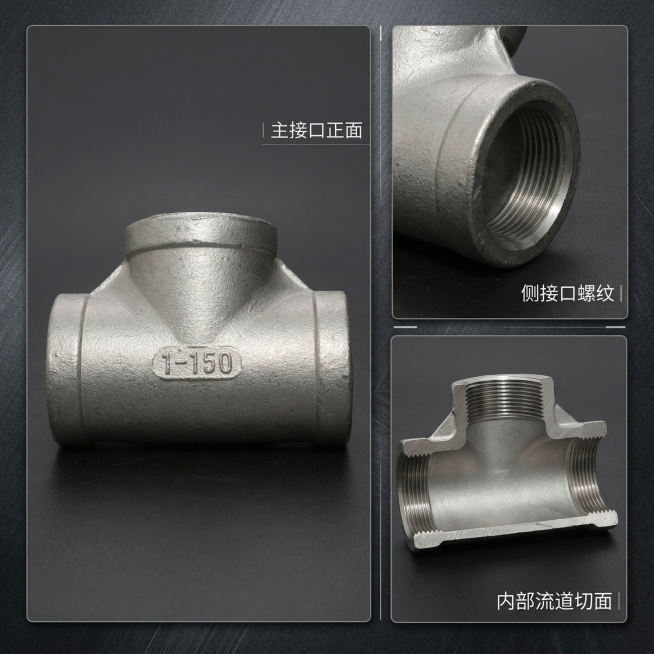[主图4] 多视角场景拼图。左侧展示原304不锈钢三通管件的正面视角，右上展示侧接口特写，右下展示内部切面细节，三张图自然排布在深灰色工业风背景上，硬质光影保持一致，每张图旁配简短标注，整体风格保持金预览效果