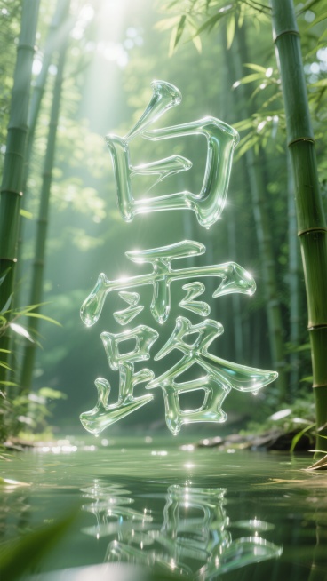 背景阳光透过竹林，绿色背景带光晕，液态构成的玻璃字“白露”预览效果