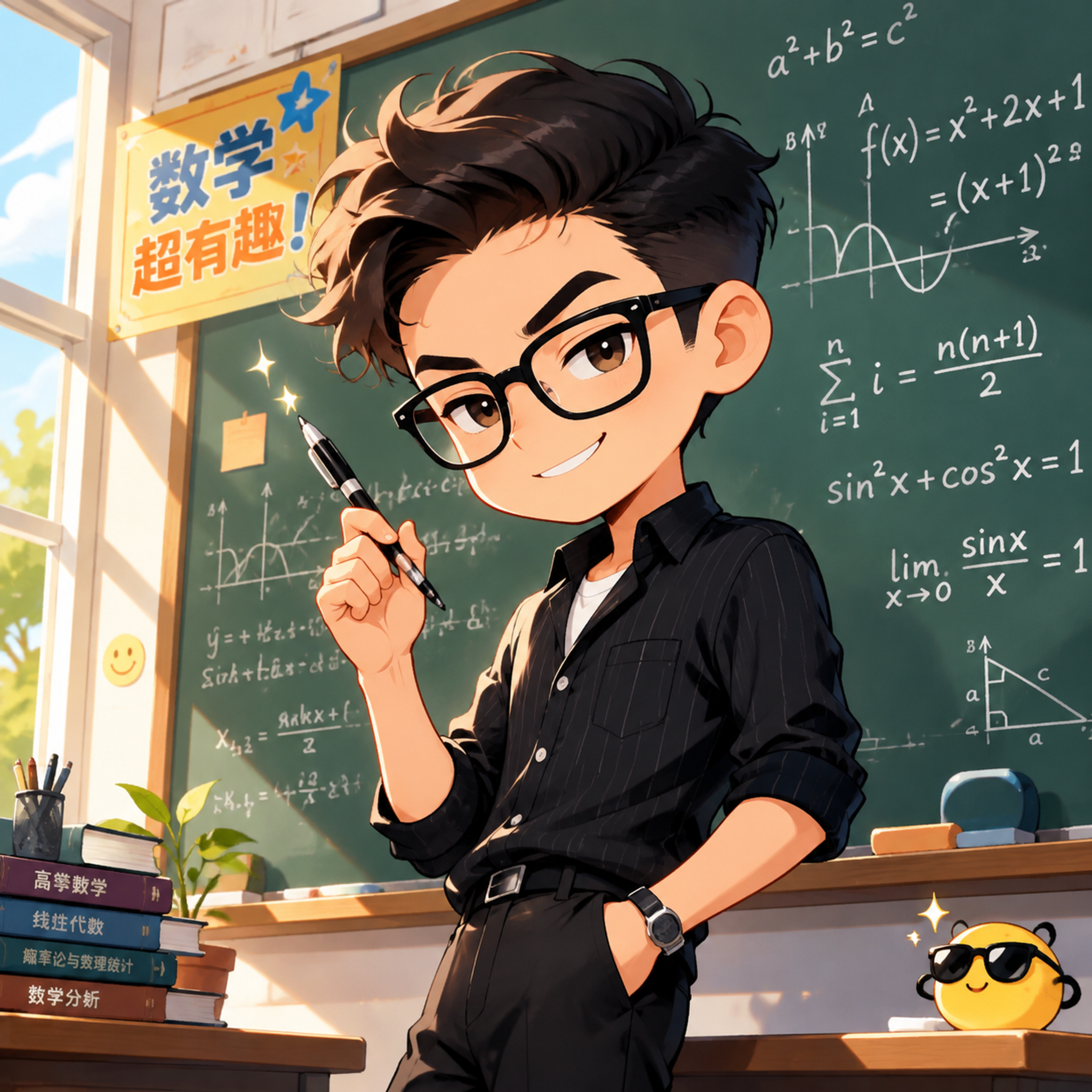 卡通风格的年轻帅气数学老师，活泼耍酷的形象。20多岁的男性，时… - 图片创意预览