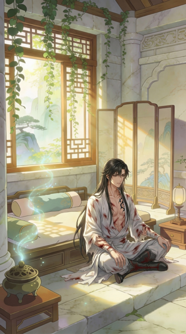 根据提供的男主：时逾白，帮我生成一张，，青丘谷客房里，时逾白盘坐，身体布满伤痕与发光黑色妖纹，窗格光影在他身上缓慢移动，胸口随呼吸微微起伏，汗珠折射阳光，9:16预览效果