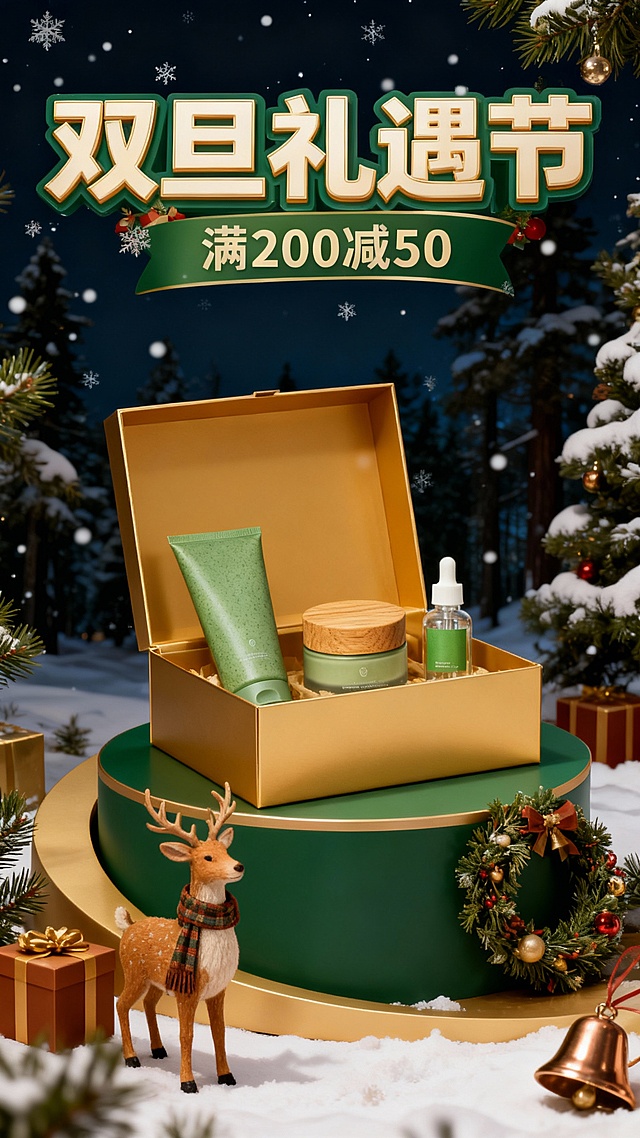 3D重拟物风结合鎏金金属质感，营造奢华喜庆的圣诞氛围，温馨节日元素点缀，传递双旦礼遇节的精致与温暖。