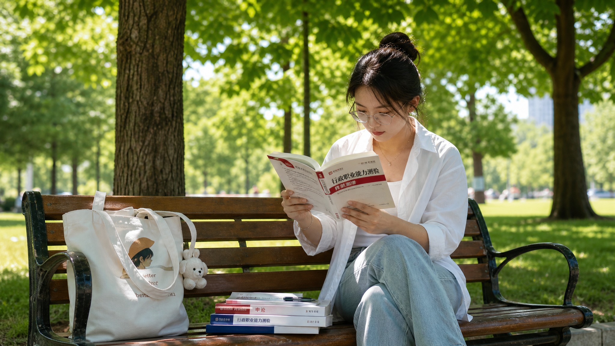 一位25-30岁的女性学生，在公园长椅上学习考公书籍，身边放着… - 图片创意预览
