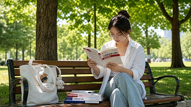 一位25-30岁的女性学生，在公园长椅上学习考公书籍，身边放着帆布包和公务员考试资料，阳光透过树叶洒下斑驳光影，周围是绿树和草地，自然清新的户外学习氛围，写实风格，自然光