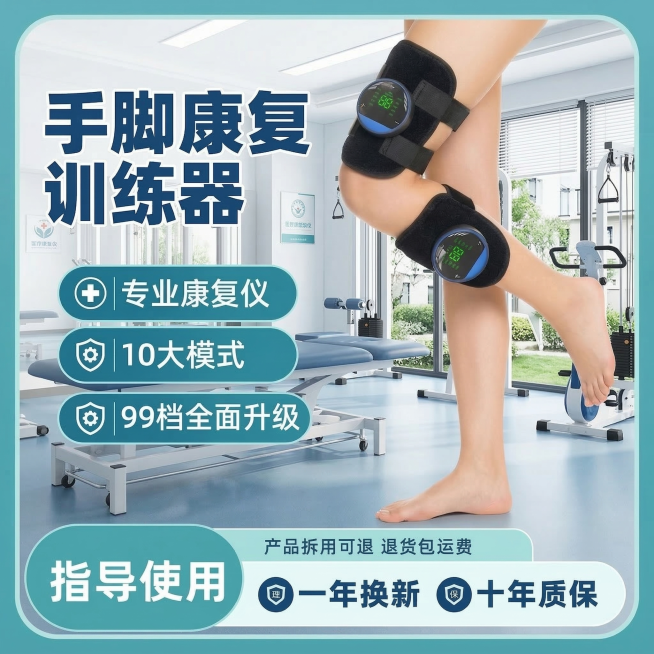 修改这张康复训练器宣传图：保留康复训练器产品原样，模特腿部动作改为不同的康复训练动作，模特皮肤增白自然，背景替换为明亮的医院或康复中心室内场景，卖点文字内容完全不变，修改文字颜色和框架模板为更专业的医预览效果