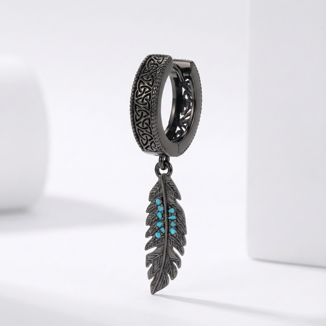 “生成电商高清主图，主体为珠宝串饰（参考图中圆环 + 羽毛吊坠款式）：
材质：925 银镀高光工艺的纯银，呈现细腻金属光泽，流畅曲线勾勒轮廓，正面完整展示，背景为纯白色，1:1 比例构图，突出材质真实预览效果