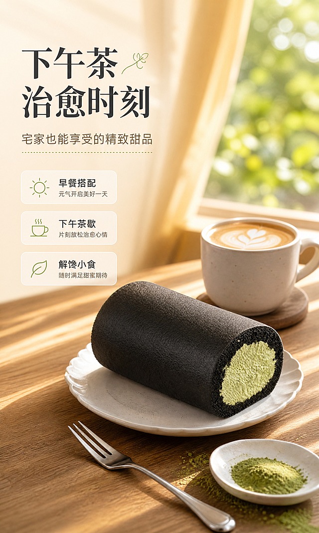 [商品] 使用【图1】竹炭抹茶蛋糕卷；保留黑色竹炭蛋糕胚圆柱外形、抹茶浅绿色内馅、切面纹理；真实还原蛋糕卷结构比例。
[画面] 目标：下午茶场景种草，营造治愈生活方式氛围。构图：左文右图，左侧35%留白放文案，右侧65%为场景；蛋糕卷放置在木质餐桌右侧，搭配一杯拿铁咖啡、银色小叉子、白色陶瓷小碟、散落的抹茶粉；45度平视角度，产品占画面45%；背景暖黄色窗帘光影，窗外虚化绿植；桌面有自然光影条纹。阅读动线从左上到右下。前中后景三层：前景餐具、中景蛋糕+咖啡、后景窗景虚化。
[视觉] 套系策略：风格=暖调治愈高级美食商业摄影；标题字=现代宋体粗体；正文字=简洁无衬线体；主色=深炭黑+抹茶绿；背景延展=暖棕木色渐变、暖金色散景光晕；强调色=抹茶浅绿，仅用于小面积图标、引线和标签点缀；标题色=深炭灰；正文色=暖棕灰；组件=圆角浅米色信息卡、细线引线、小图标；光影=左前侧暖柔光，右侧轮廓光，阴影柔和自然。
[文字] 左上主标题"下午茶治愈时刻"，副标题"宅家也能享受的精致甜品"；下方3个场景短句：「早餐搭配」「下午茶歇」「解馋小食」；文字不遮挡蛋糕和咖啡主体。
[规格] 图片宽度750px，高度1250px，2K，medium质量；避免变形、错字、文字过小、场景杂乱、蛋糕比例失调、冷色调。