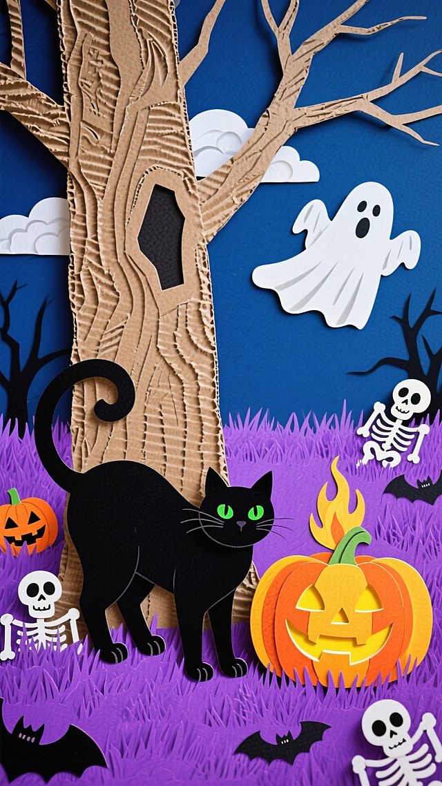 万圣节黑猫和南瓜，在一棵树下，点缀其他万圣节元素，紫色草坪，深蓝色天空