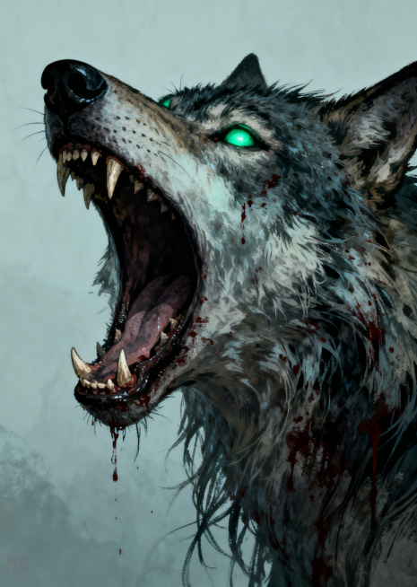 中国传统鬼怪插画风格，狼头特写，对应聊斋志异《梦狼》中衙役化狼头伏地嗥叫的场景，暗黑阴森氛围，干净适合做卡牌图片，竖构图预览效果