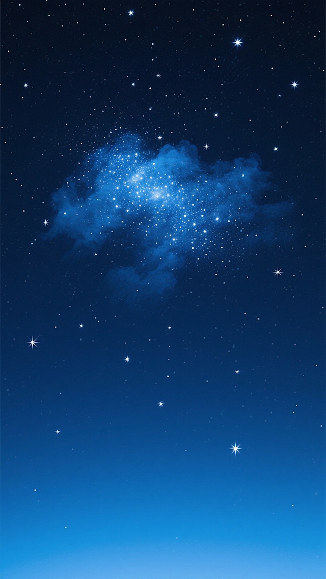 深蓝色渐变星空背景，深邃的夜空从顶部深蓝色逐渐过渡到底部稍浅的蓝色，无数明亮的白色星星散布其中，形成自然的星点分布，中央偏上位置有一片明显的、由众多密集星星组成的蓝白色星云，呈现出云雾状的柔和质感，整体画面宁静而神秘，充满宇宙的浩瀚与唯美感。