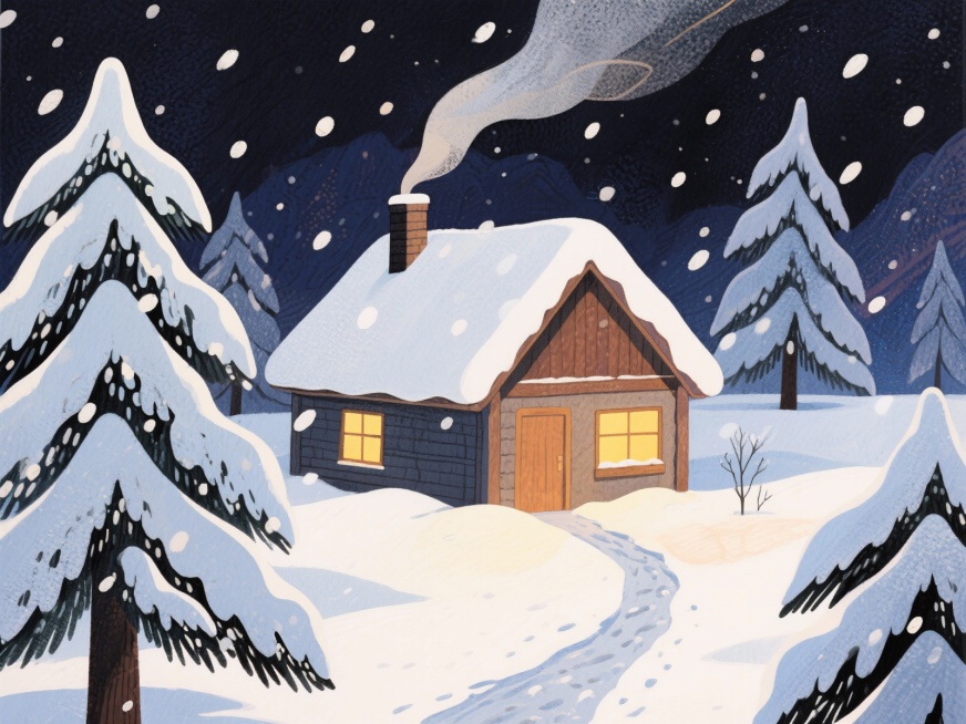 冬日雪景小屋：以雪覆盖的温馨小屋为主体，暖黄灯光透出，搭配飘落雪花，营造静谧温馨氛围，适合装饰画场景。预览效果
