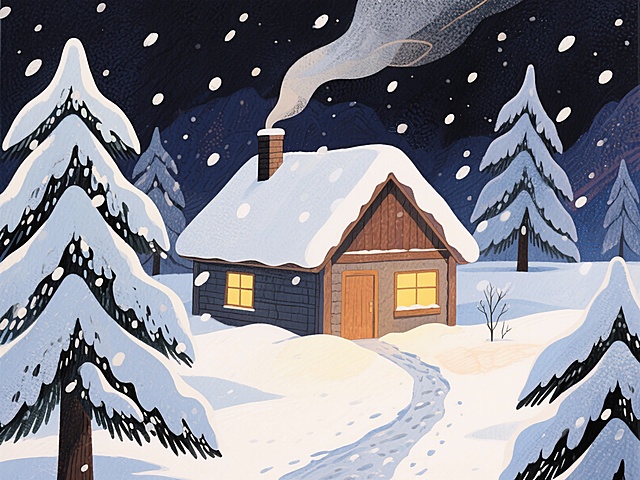 冬日雪景小屋：以雪覆盖的温馨小屋为主体，暖黄灯光透出，搭配飘落雪花，营造静谧温馨氛围，适合装饰画场景。