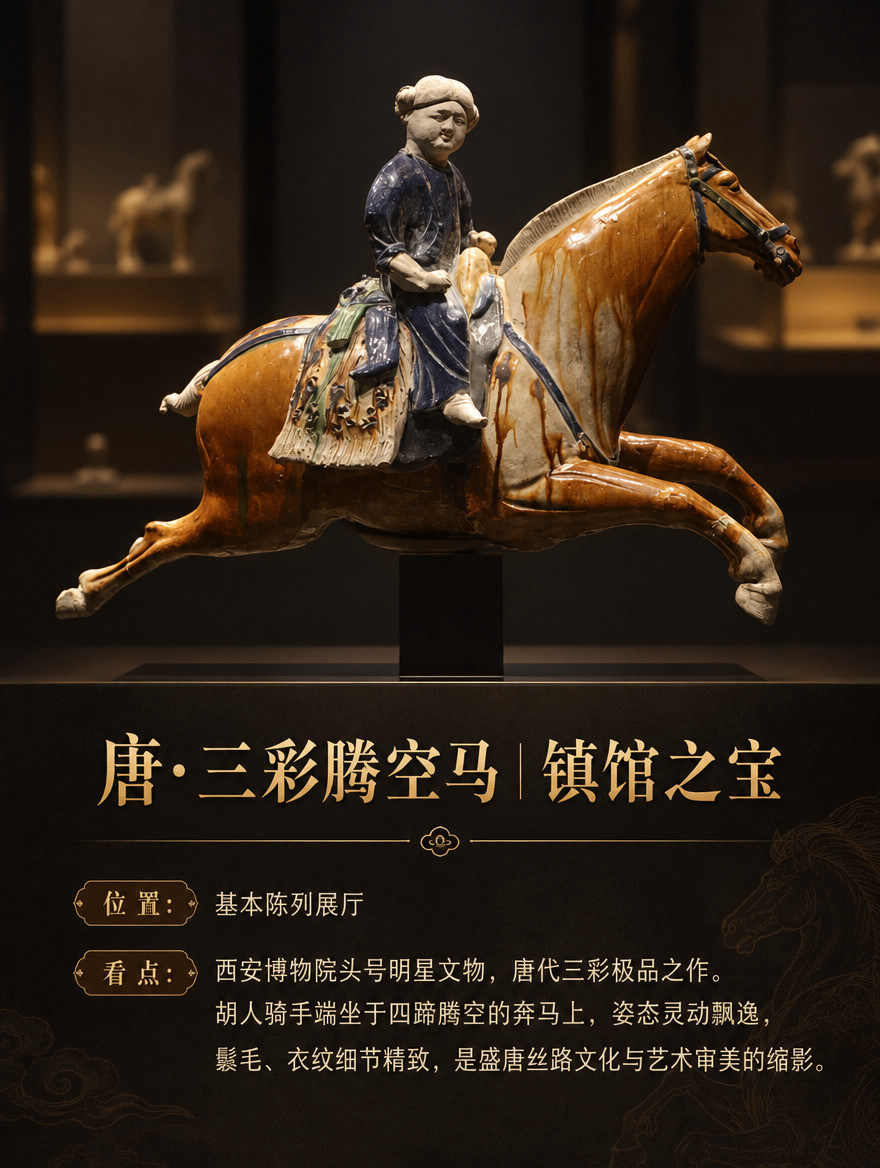 基于这张三彩腾空马文物图片，制作成3:4竖版单文物介绍图，博物… - 图片创意预览